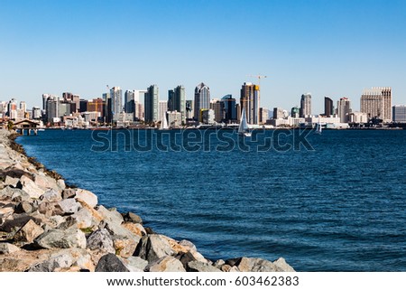 Downtown San Diego city skyline and bay as seen from Harbor Island.  