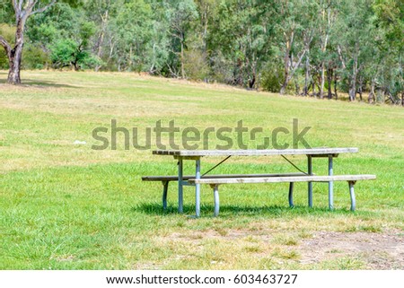 Park tables and benches on the lawn