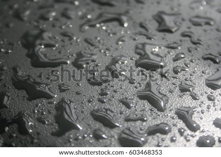 A close-up photograph of raindrops on a dark blue surface.