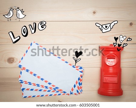 Top view  post   letter on wood background .Love drawing sketch vector Idea Concept with Doodle design style :Hand drawn.