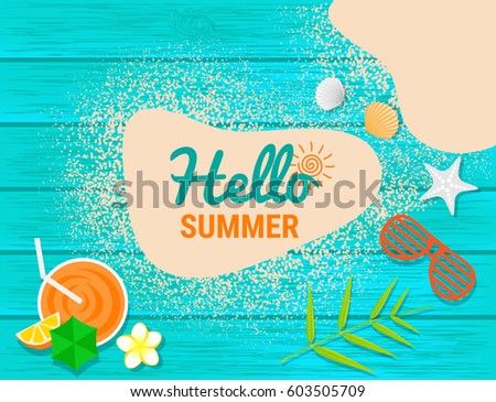 Sand, sunglasses, orange juice and shell on blue wooden with text  for summer concept