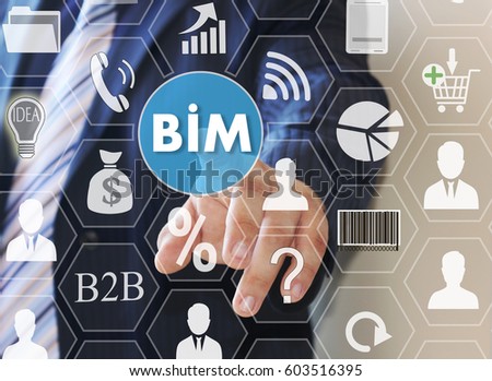Businessman push button icon, BIM, building information modeling on the touch screen in the web network.