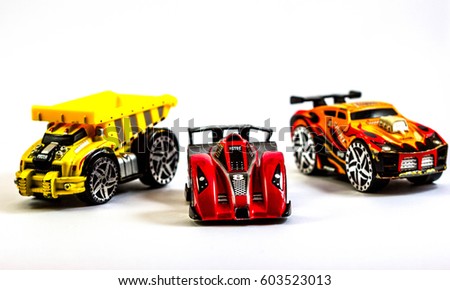 Metal toy car on white background