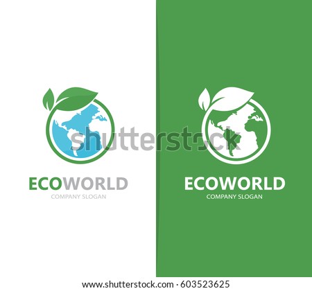 Vector of a earth and leaf logo combination. Planet and eco symbol or icon. Unique global and natural, organic logotype design template. Royalty-Free Stock Photo #603523625