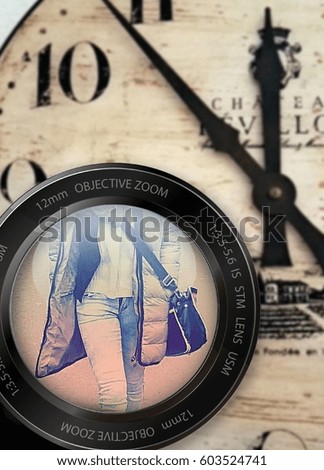 walking woman on clock face background