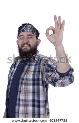 Bearded man in bandana show gesture ok