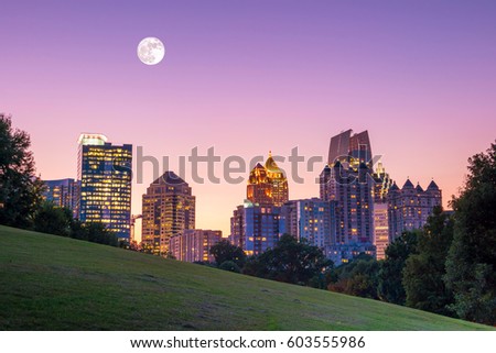 Midtown Atlanta skyline from the park at sunset