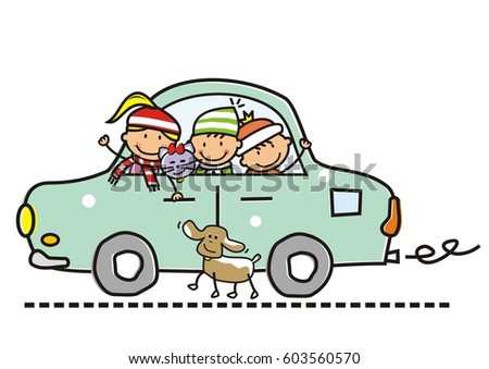 children in the car, winter theme, vector illustration