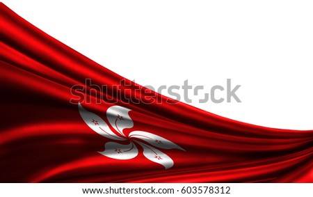 Grunge colorfu flag Hong Kong fabric silks with copyspace for your text or images, white background 3D illustration  cloths. Closeup, fluttering downwind