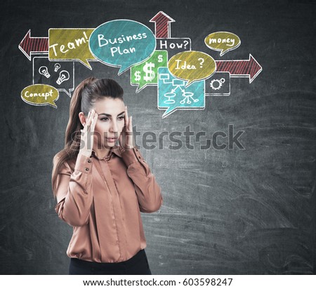Portrait of a stressed woman wearing a brown blouse and standing near a chalkboard with business ideas sketch.