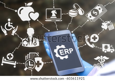 ERP (Enterprise Resource Planning) healthcare concept. Doctor holds tablet computer with erp gear icon on virtual medical screen. Medicine help, support strategy and plan technology. Hospital logistic
