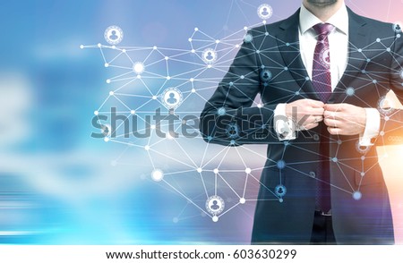 Close up of a businessman buttoning his suit while standing against a blurred background. There is a network sketch. Toned image. Double exposure