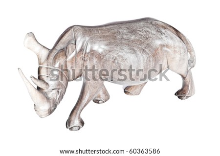 Gray wooden rhino statue isolated on white