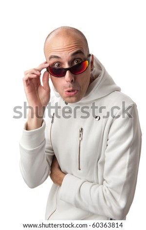 Man with surprised facial expression isolated on white