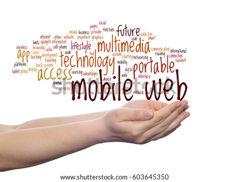 Concept or conceptual mobile web portable multimedia technology abstract word cloud in hand isolated on background metaphor to access, future app, lifestyle communication, social tool, online services