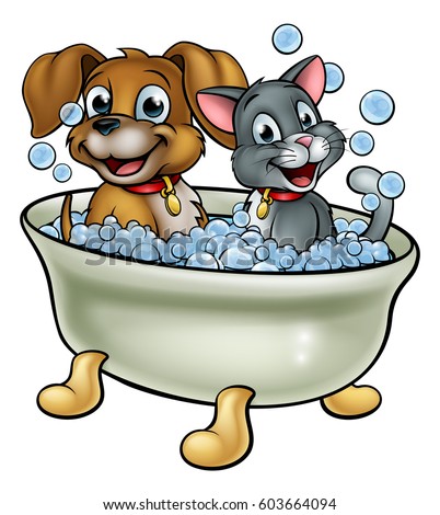 Cartoon cat and dog pets washing in the bath with bubbles