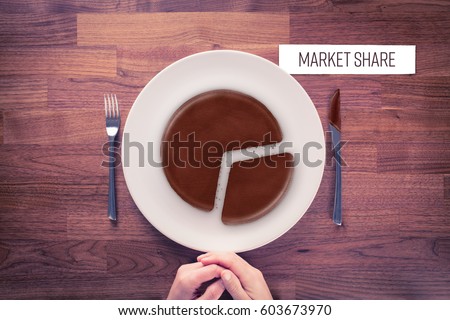Market share - marketing business concept. Business visual metaphor - businessman with plate and pie chart with imitation of a chocolate cake and snippet with text Market Share.
