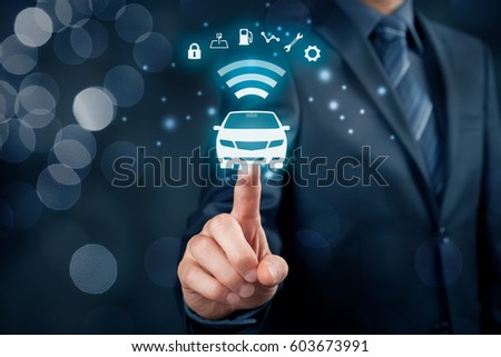 Intelligent car, intelligent vehicle and smart cars concept. Symbol of car and information via wireless communication about security, parking location, fuel, drive analysis, service and car settings.