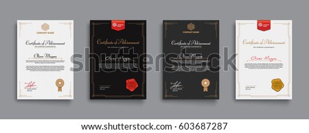 Achievement certificate design with badges and seals. Eps10 vector template. Royalty-Free Stock Photo #603687287