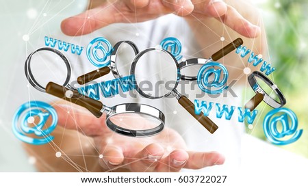 Businessman on blurred background holding 3D rendering contact icon and magnifying glass in his hand