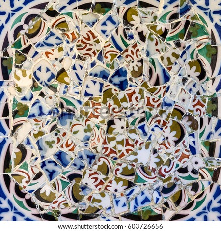 Mosaic tile in Barcelona, decoration broken glass, Park Guell, Spain. Designed by Gaudi