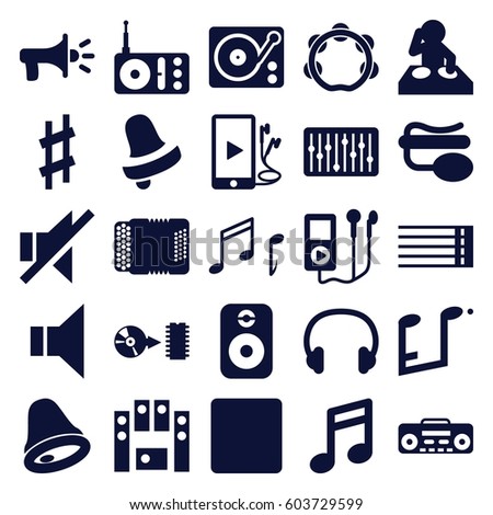 Sound icons set. set of 25 sound filled icons such as Bell, radio, pin microphone, guitar strings, megaphone, no sound, loud speaker set, stop, gramophone, record player