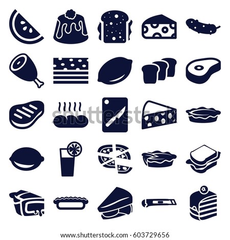 Slice icons set. set of 25 slice filled icons such as beef, cheese, lemon, piece of cake, pizza, sandwich, cucumber, pie, cutter, cocktail, bread, chopping board and knife