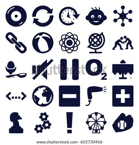 Round icons set. set of 25 round filled icons such as restaurant table, baby, globe, hair dryer, boiled egg, disc on fire, no sound, pause, judo, baseball glove, time