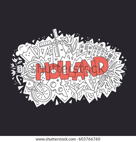Vector illustration of Holland. All main symbols of the country. Tourist banner.