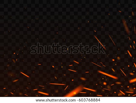 Red fire sparks flying up, glowing particles. Isolated on a black transparent background. Vector illustration, eps 10. Royalty-Free Stock Photo #603768884