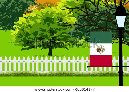 Mexico Flag, Landscape of Park, Trees, Fence wooden and Street light Vector Illustration 
