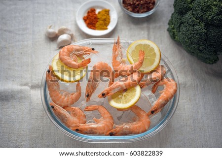 Shrimps on ice ready for cooking