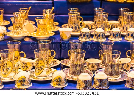 Traditional handmade tea and coffee sets or teapots for sale at the Egyptian Bazaar and the Grand Bazaar in Istanbul, Turkey