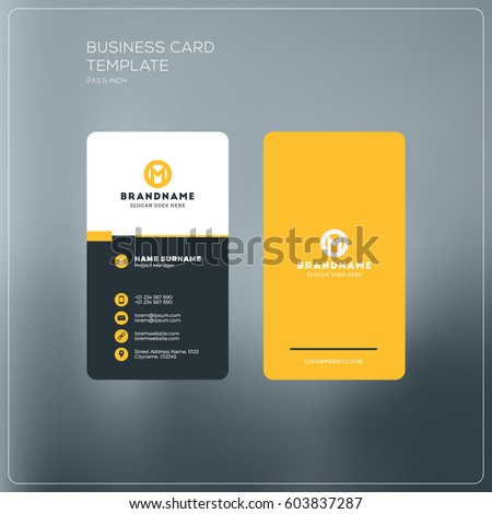 Vertical business card print template. Personal business card with company logo. Black and yellow colors. Clean flat design. Vector illustration. Business card mockup Royalty-Free Stock Photo #603837287
