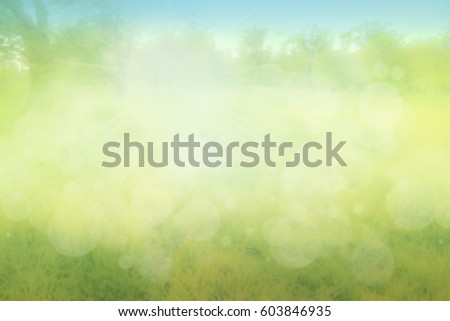 Abstract background of spring landscape. Blurred image of green meadow, trees and sky