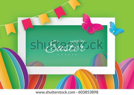 Origami Happy Easter. Colorful Paper cut Easter Egg, flag, butterfly. Rectangle frame. Green background