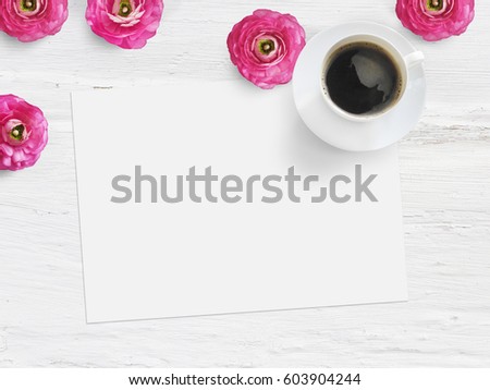 Styled stock photo. Feminine product mockup with buttercup flowers, Ranunculus, blank list of paper, cup of coffee and shabby white background. Flat lay, top view. Picture for blog or social media.