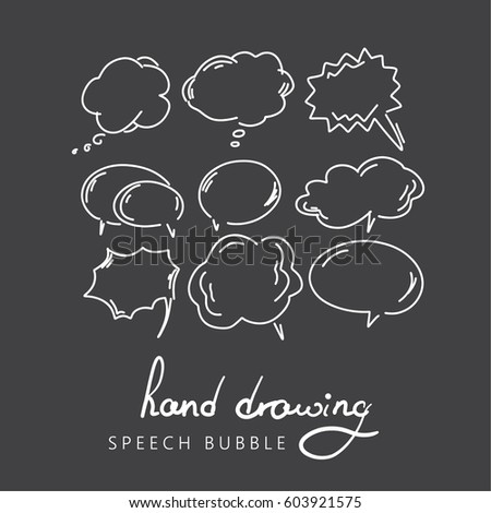 Set of hand drawn think and talk speech bubbles for message and dialog words. Doodle style comic balloon, cloud, heart shape design elements. Isolated vector.