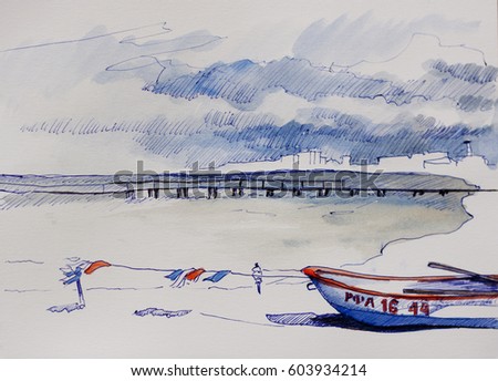 ink and watercolor illustration of windy day on coastline with safeguard's boat "RFA 1644" on the sand of a bay