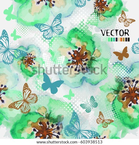 Seamless flowers and butterflies. Vector
