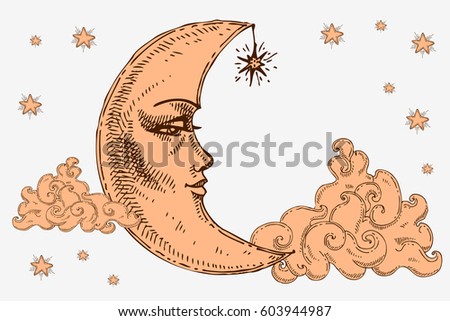 Moon with face, clouds and stars stylized as engraving. Can be used as print for T-shirts and bags, decor element. Hand drawn astrology symbol. Vector