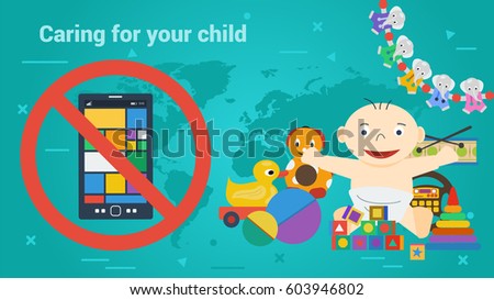 Vector concept caring about children and child addiction on electronic devices. Toys and smart phone in prohibiting sign. Banner for parents, education and social programs in flat style on green
