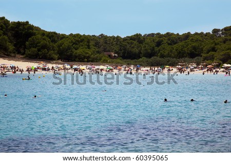 sea beach with swimming people