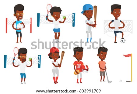 African-american sportsman playing tennis. Smiling tennis player standing on court. Happy tennis player holding racket and ball. Set of vector flat design illustrations isolated on white background.