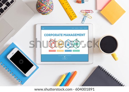 Corporate Management Leadership Partnership Personal Desk Productivity Word With Icons