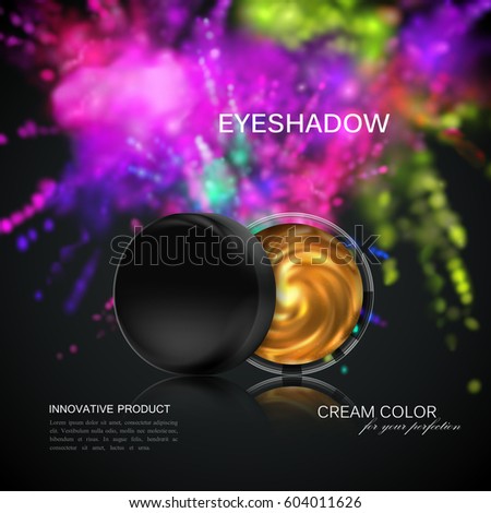 Beauty eye shadows ads. Cosmetics package design. 3d vector beauty illustration. Glamorous golden eyeshadows jar with dusty dye explosive splash. Product package mock-up for fashion magazine
