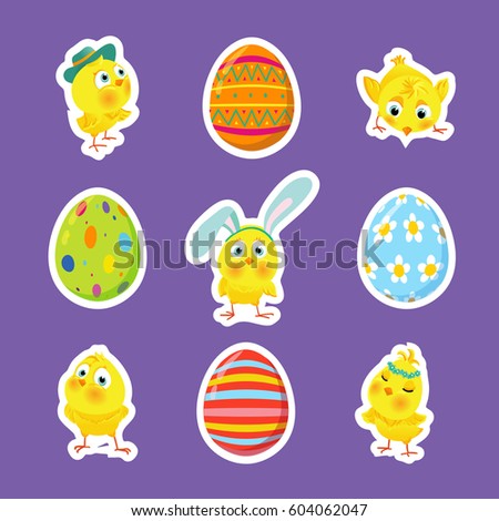 Set of Easter cute funny stickers, Icons with chicks and decorative eggs, Isolated vector elements for decoration