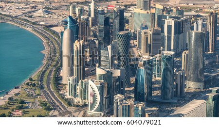 Doha skyline, aerial view - Qatar. Royalty-Free Stock Photo #604079021