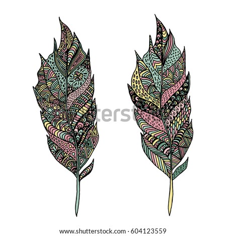 Hand drawn zentangle feather on solid background. Vintage set tribal feather. Colorful Design element.