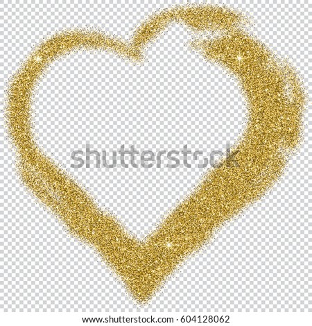 Golden glitter frame in the shape of heart with space for text isolated on transparent background for Valentine's Day. Vector illustration. EPS10.